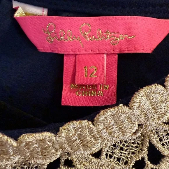 Women’s Lilly Pulitzer Nala Navy Mini Dress with Gold Lace Bib Brocade sz 14 - Picture 8 of 11